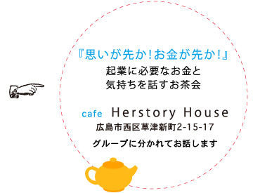 『思いが先か!お金が先か!』起業に必要なお金と気持ちを話すお茶会 cafe Herstory House 広島市西区草津新町2-15-17 グループに分かれてお話しします